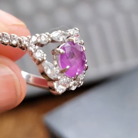 Elegant Rhodium-Plated Size 9 Ring with Simulated Amethyst and Clear Stones - Picture 7 of 12